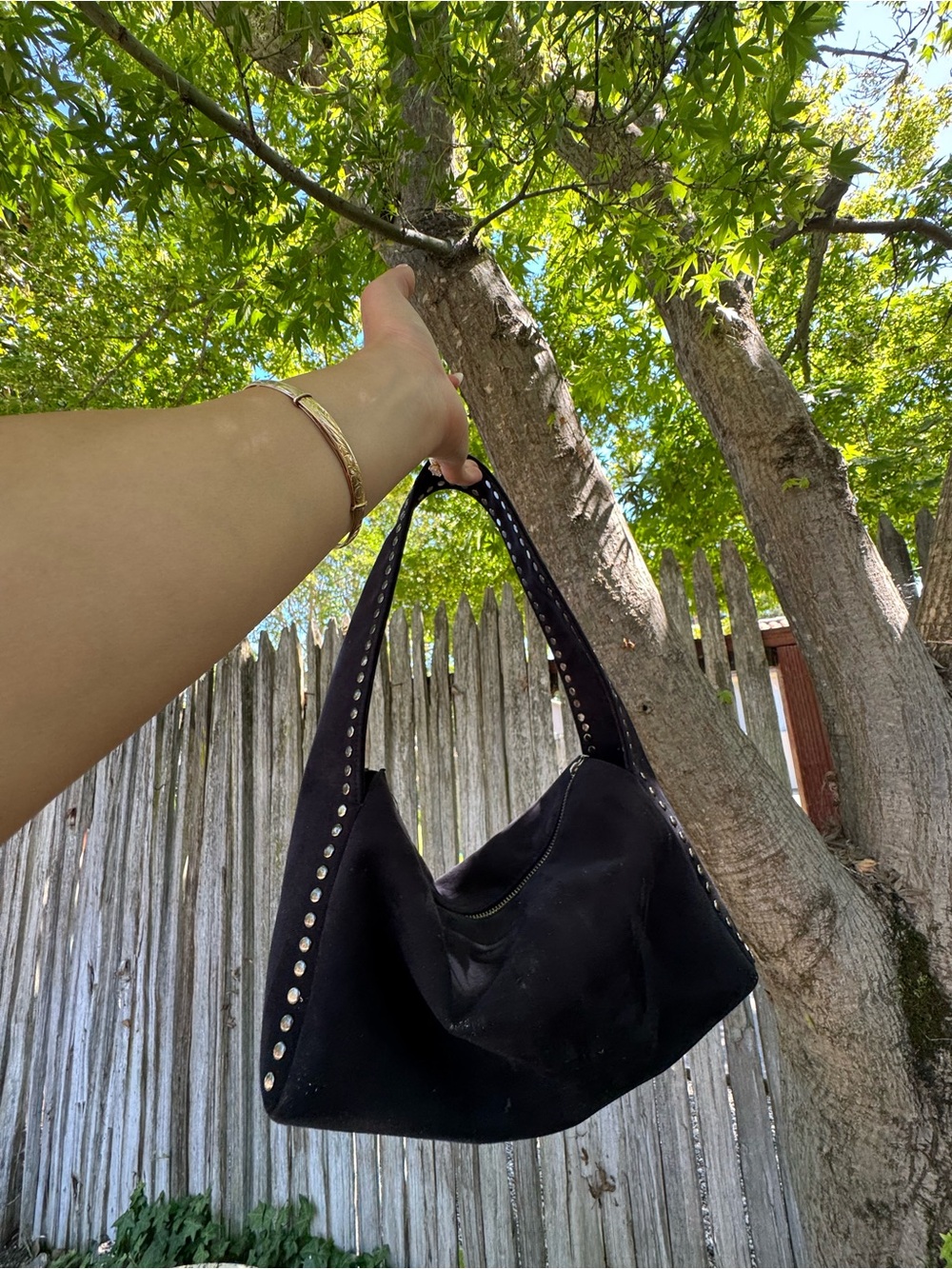Nine West Black Stud-Trim Suede Shoulder Bag